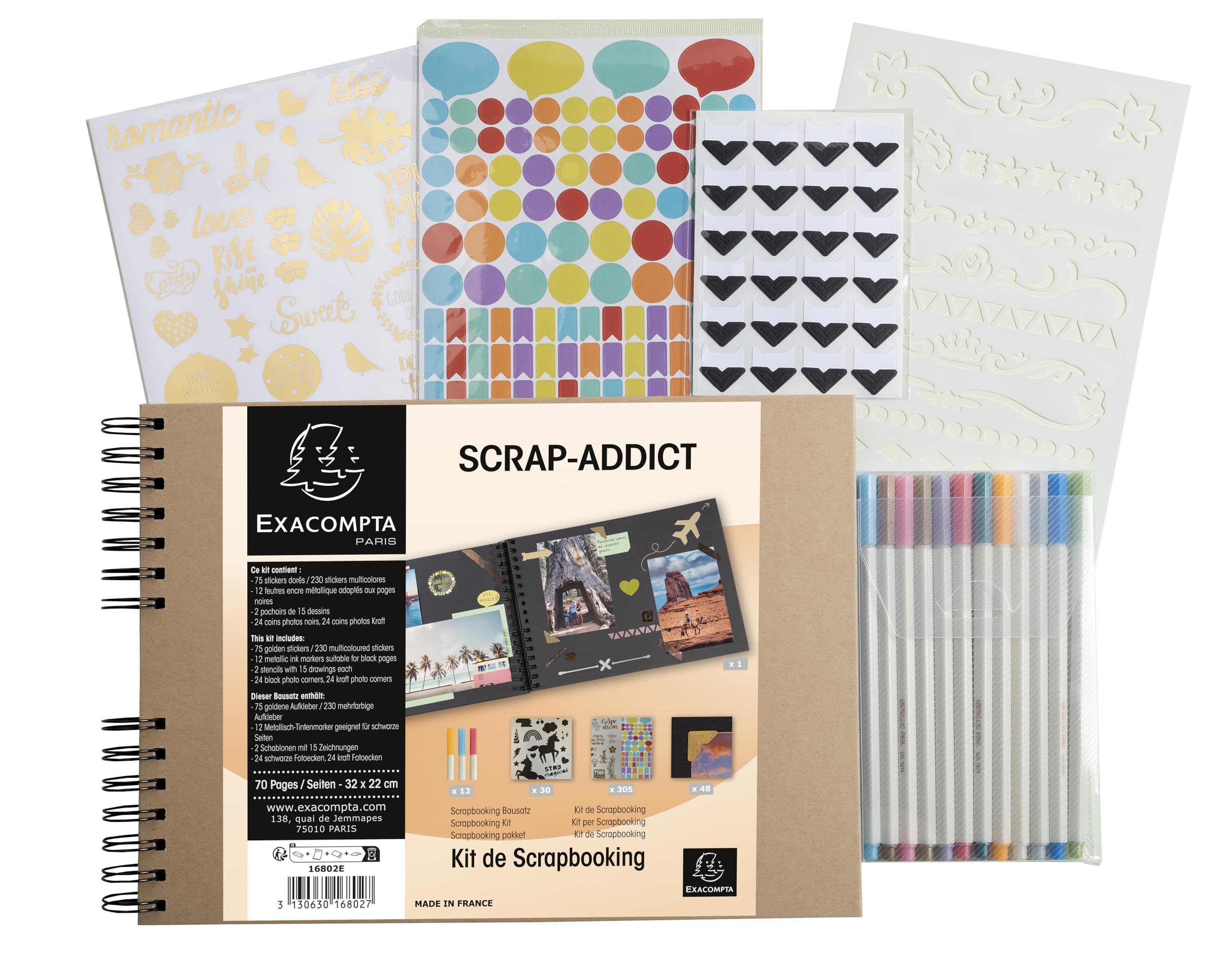 Exacompta - Ref.16802E - SCRAP addict scrapbooking photo album - 70 black pages spiral album - souvenir book for baby, child, wedding, birthday, travel - with 12 metallic ink markers