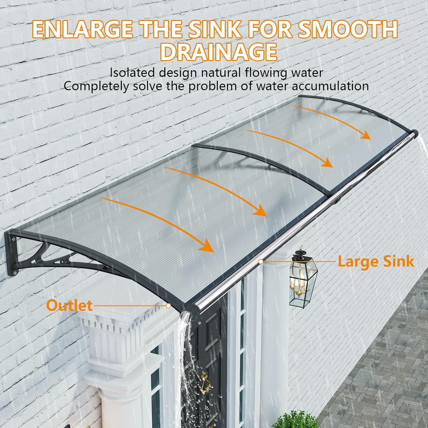 Window Awning Door Canopy 32"x40", Awnings for Doors Polycarbonate Cover Patio Door Awning UV Rain Snow Sunlight Protection Hollow Sheet with Separate Drainage Sink, Black Bracket & Transparent Board