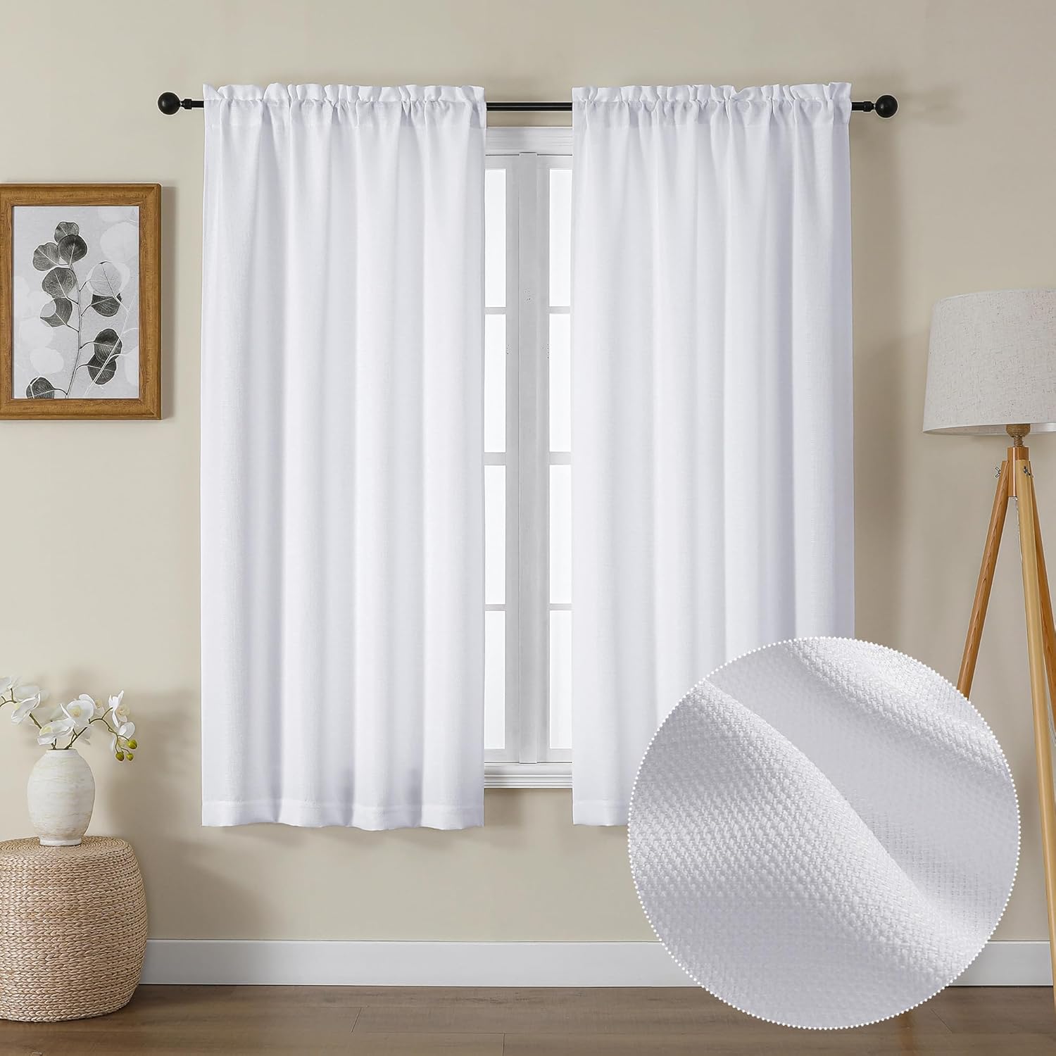 Lecloud Bessie White Curtains 63 Inch Length 2 Panels, Light Filtering Curtains for Bedroom, Faux Linen Textured Window Drapes with Rod Pocket, Window Treatments for Living Room, Each 40 W x 63 L White 40"W x 63"L (Pack of 2)
