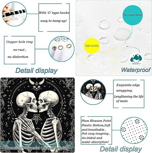 Miniatura 4 de NEWSUYAA Cortinas de ducha de Halloween para baño, 4 piezas de cortina de ducha y alfombras de esqueleto gótico negro juegos de decoración de baño,