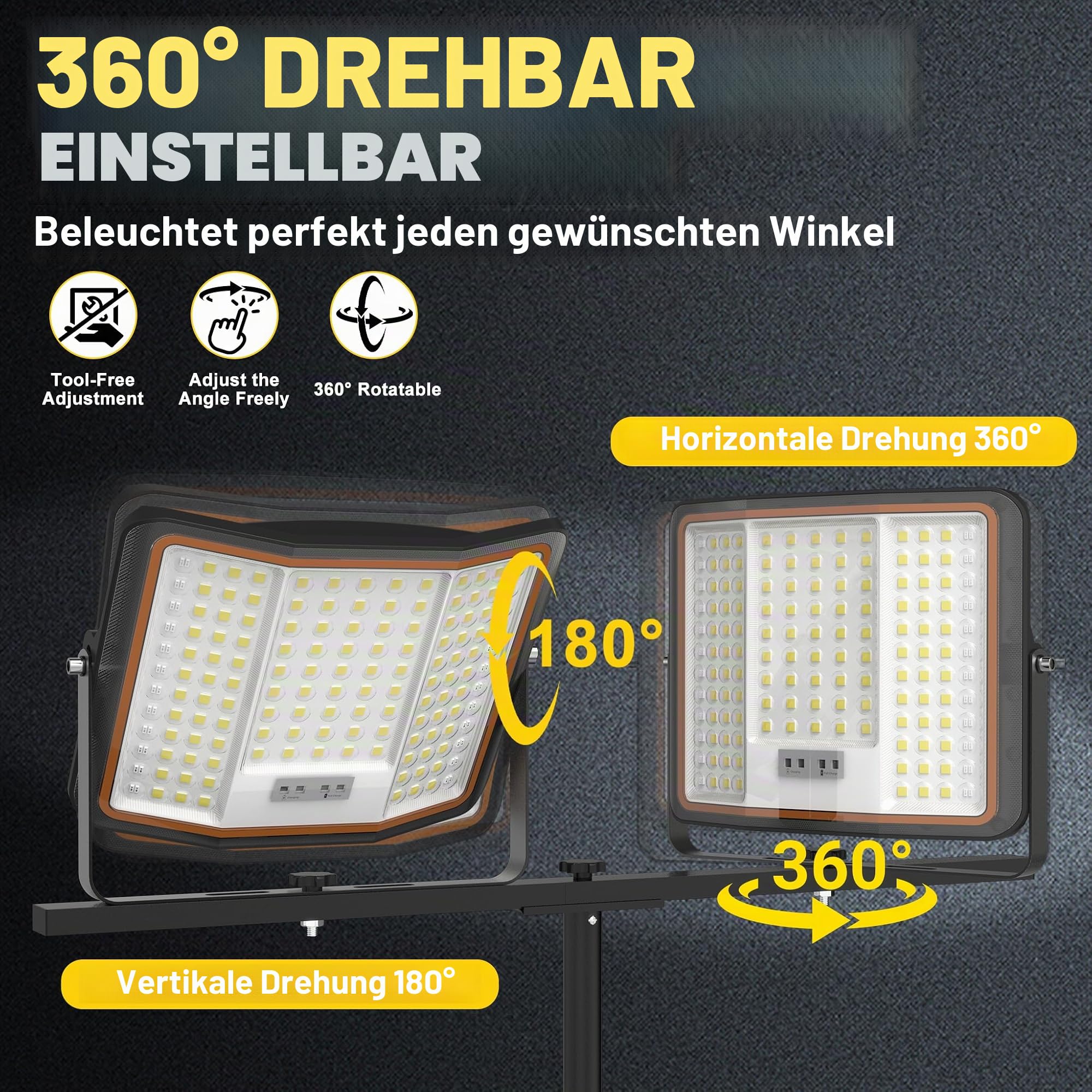 UISEBRT 2x300W LED Baustrahler Akku mit Stativ & 2M Typ-C Kabel,360° Drehbar,3 Lichtmodi,116-182cm höhenverstellbar,Kaltweiß IP66 Wasserdicht Strahler für Garage Werkstatt Baustelle