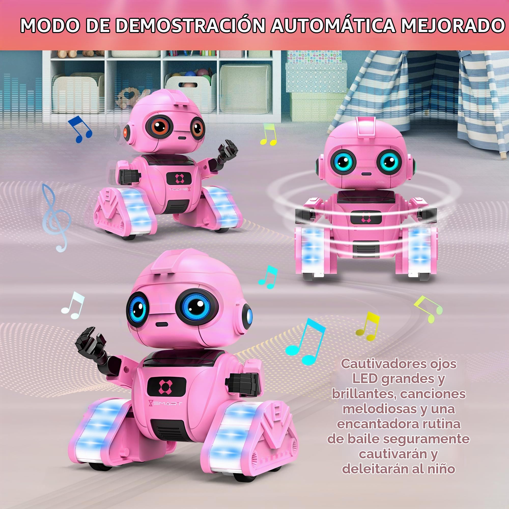 Robot juguete para niños – Recargable, ojos LED y música, robot RC con sensor de gestos para niños a partir de 3, 4, 5, 6, 7, 8, 9, 10 años, regalo para niños (rosa)
