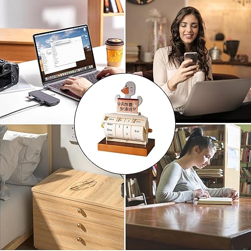 Miniatura 4 de CHIPEL Calendario de escritorio giratorio, adorno de calendario perpetuo de madera 2024, tarjeta de recordatorio de cuenta regresiva duradera,