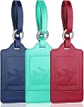 Teskyer Leather Luggage Tags for Suitcases, 3 Pack, Black | Quick-Attach Spring Ring, Privacy Flap Design, Includes 6 Info Cards, Premium PU Leather, Easy to Identify, Travel Essential