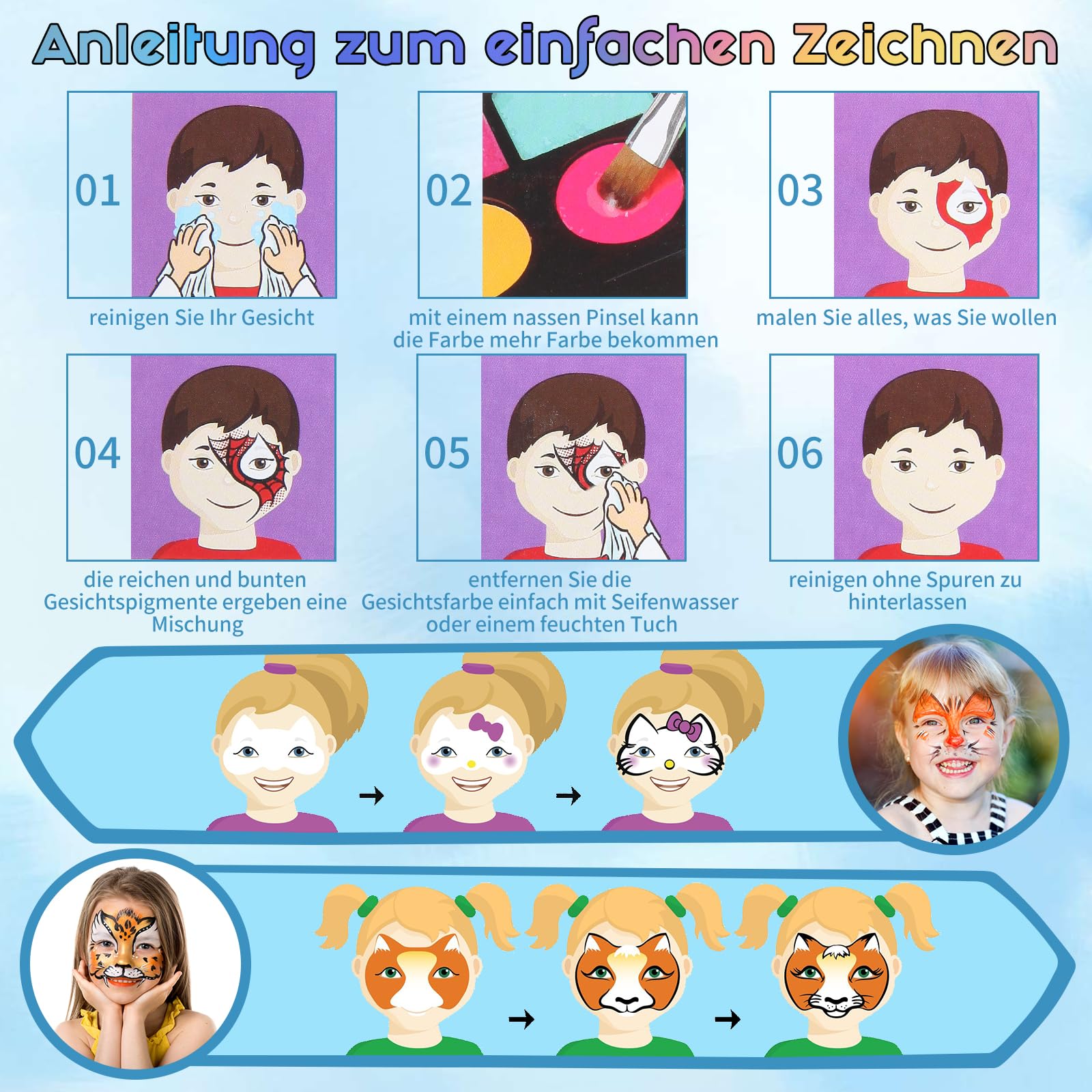 Ugmic Kinderschminke Set, 20 Farben Wasserbasis,38Pcs Ungiftige Kinderschminke,Haarkreiden Pinsel Körperfarben Kinderschminke Set Mädchen für Halloween Karneval Make-up Face Paint