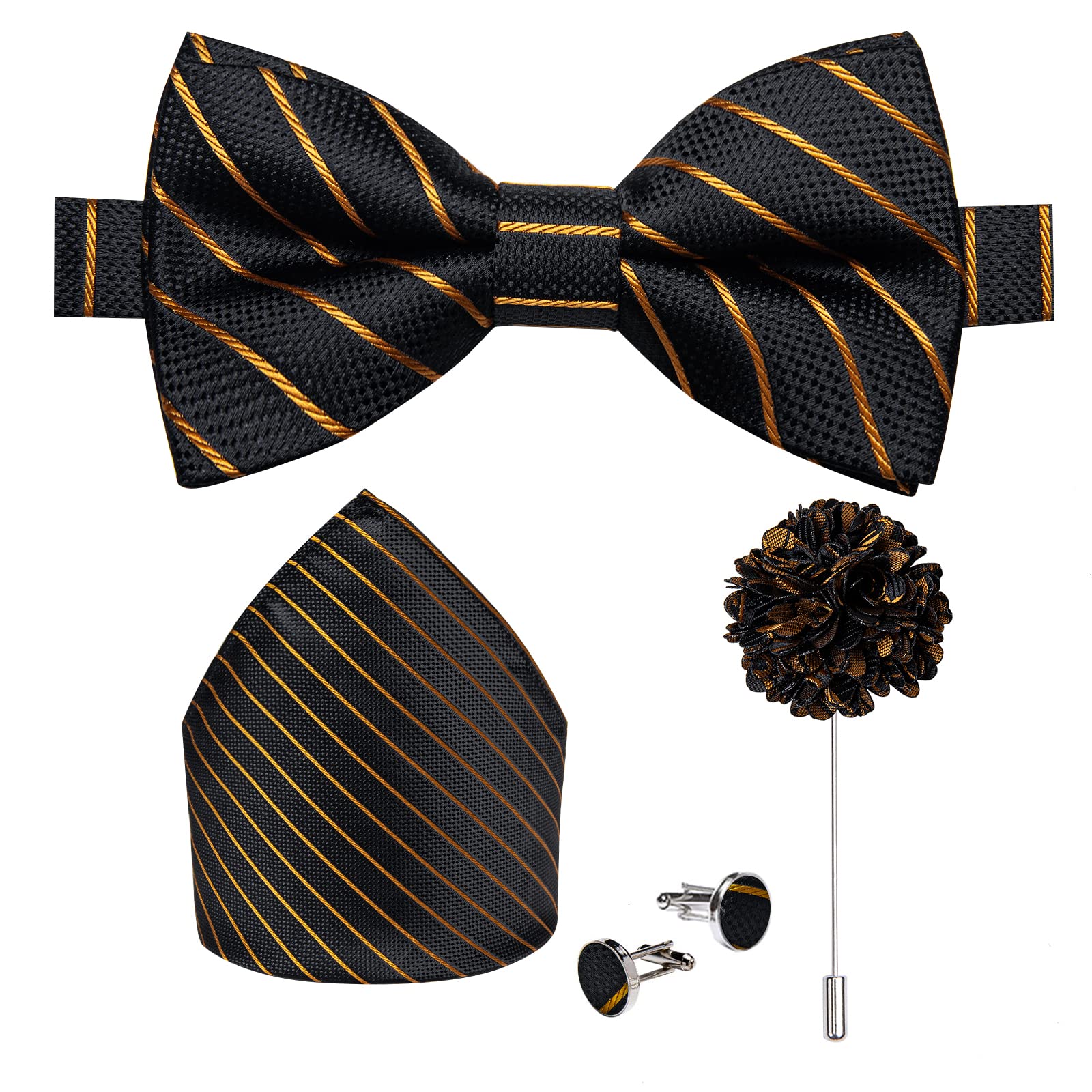 DiBanGu Pre-Tied Bow Ties for Men Silk Adjustable Tuxedo Bowties Pocket Square Cufflinks Set with Lapel Pin Jacquard Woven