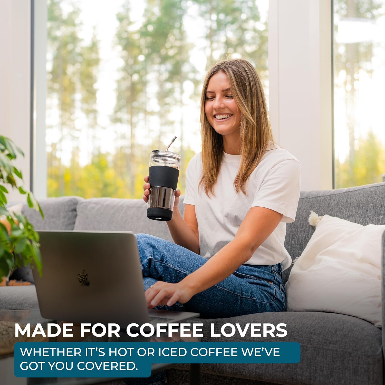 19 oz. Double Wall Glass Coffee Tumbler, To Go Travel Mug with Lid, Portable Glass Thermos with Straw, Reusable Cup, Tea, Smoothies, Ice Coffee, and Boba - Image 3