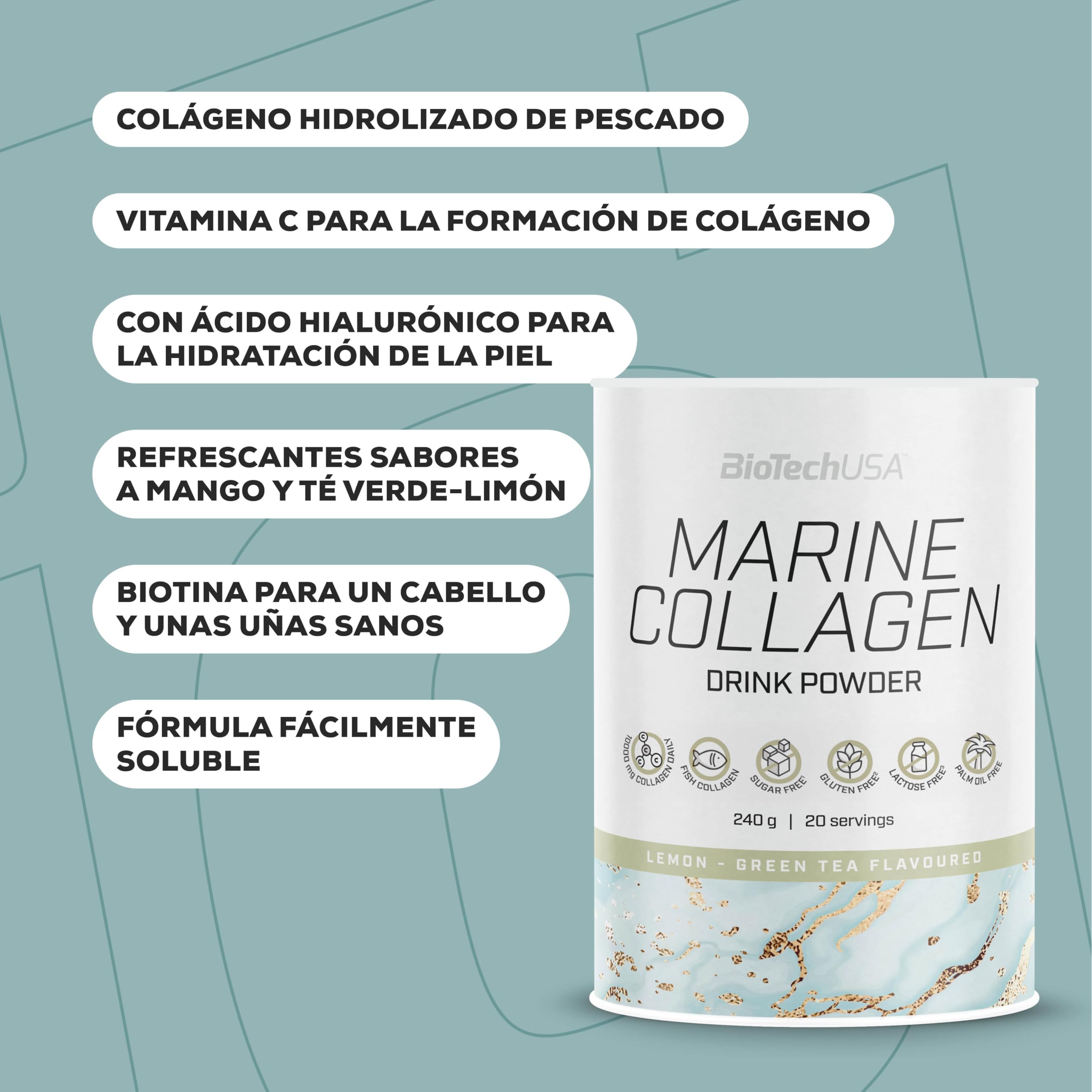 BioTechUSA Marine Collagen | Colágeno hidrolizado de pescado con vitamina C | 84 % de colágeno de pescado | Para la piel, el cabello, las uñas y las articulaciones | Sin azúcar | 240 g, Mango