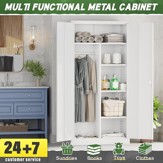 Greenvelly Metal Wardrobe Closet with Doors and Shelves,72 Armoire Wardrobe Closet for Hanging Clothes for Office, Bedroom, Laundry Room, School, Employee,Gym(White)