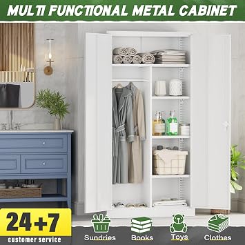 Greenvelly Metal Wardrobe Closet with Doors and Shelves,72 Armoire Wardrobe Closet for Hanging Clothes for Office, Bedroom, Laundry Room, School, Employee,Gym(White)