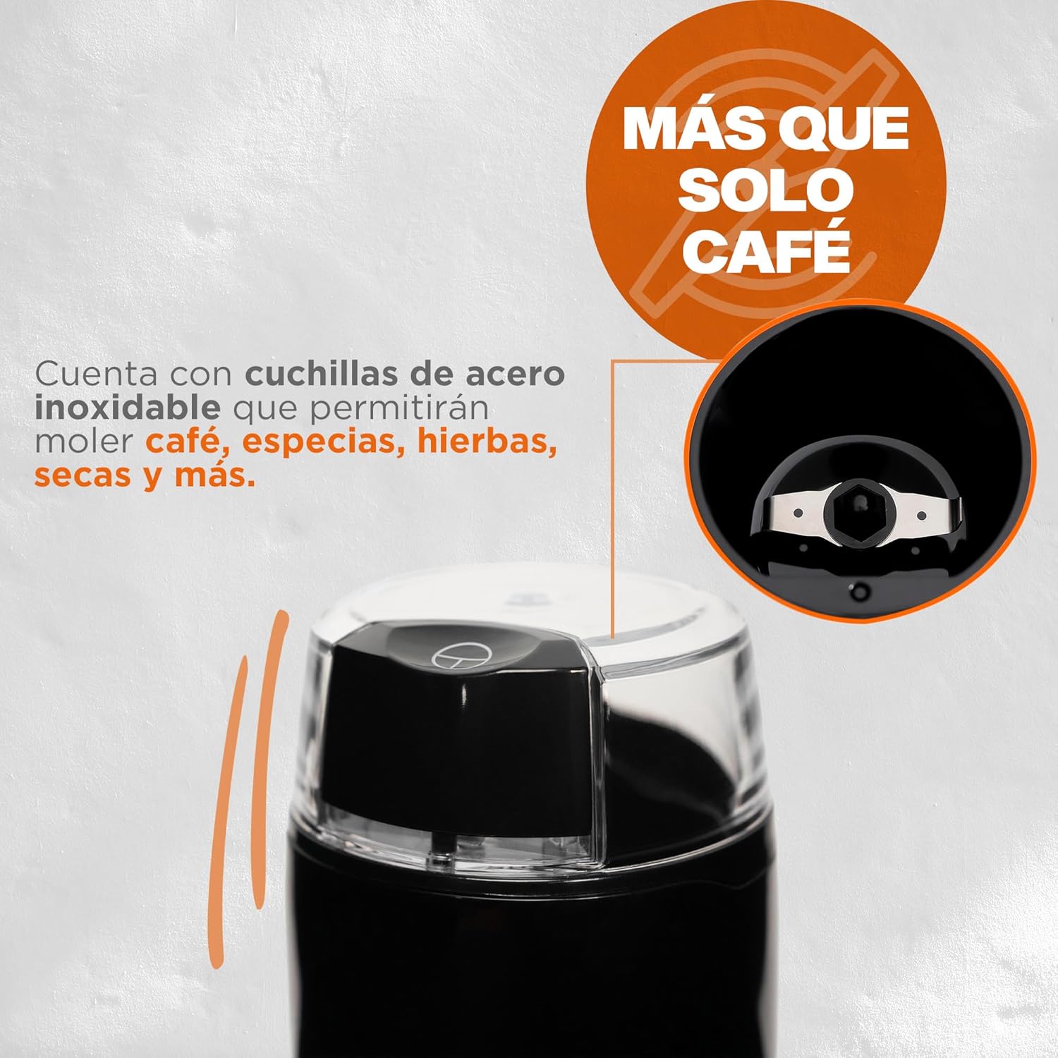 Coffee grinder blades and text indicating versatility for spices and herbs