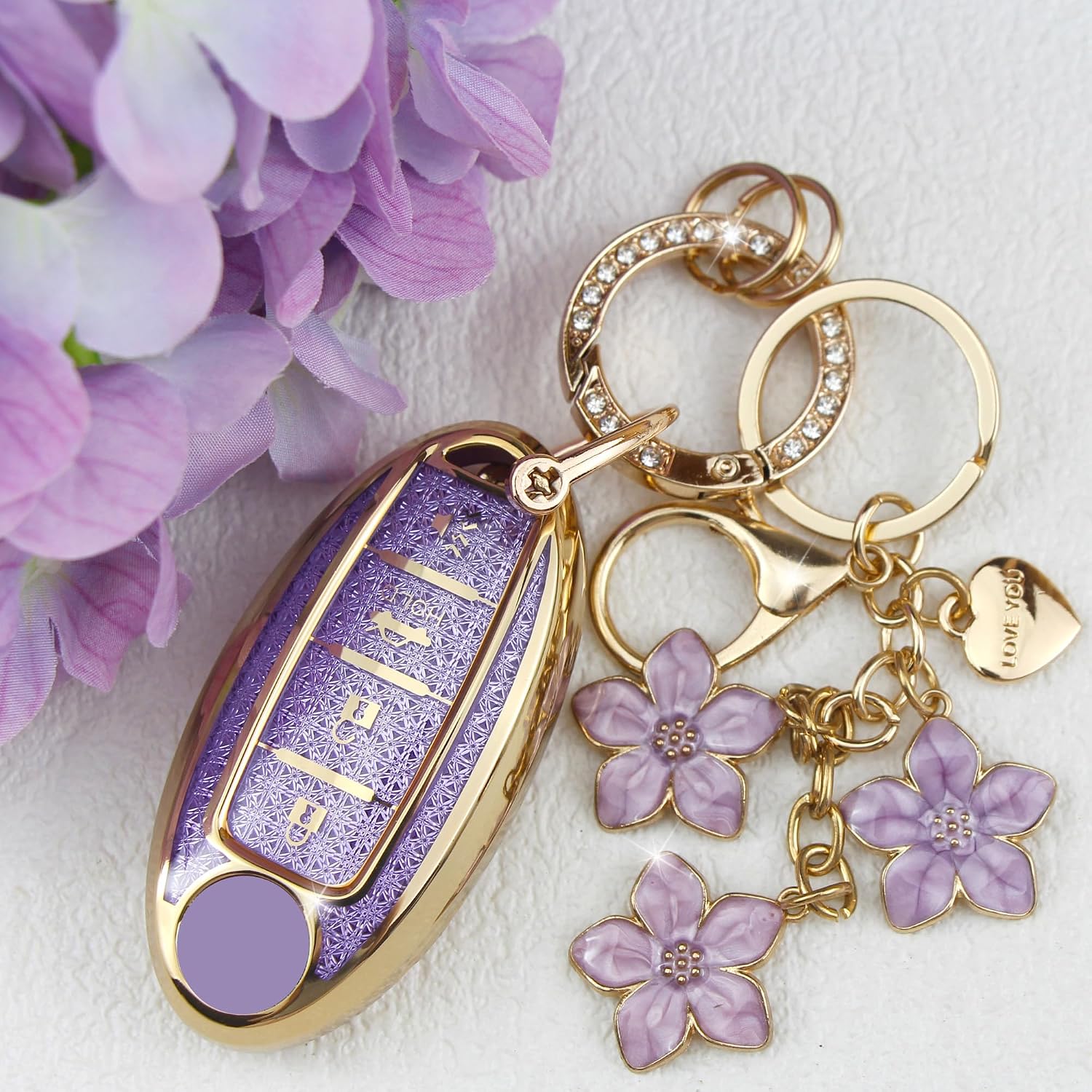 Purple TPU Key Fob Cover with Sakura Flower Keychain Compatible with Nissan Altima Murano Sentra Rogue Pathfinder Armada Leaf Titan Maxima Kicks Versa 370Z 4-Button Smart Key for Women