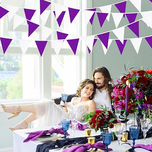 Vista 19 de Banderín rojo y blanco de 32 pies, banderines de tela triangular, guirnalda de banderines para boda, compromiso, despedida de soltera, aniversario