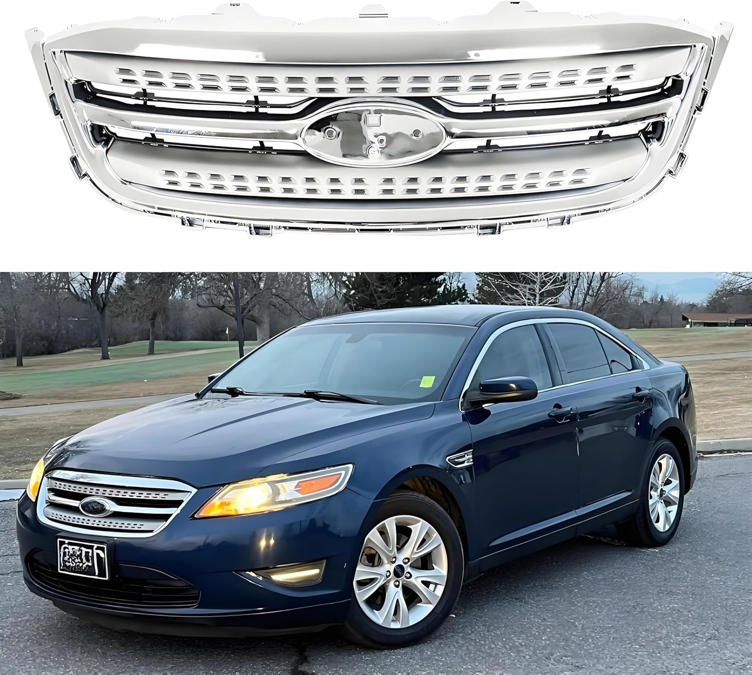 Front Bumper Upper Grille Assembly,Chrome Insert And Silver ABS Grill, Compatible with Ford Taurus SE SEL 2010 2011 2012