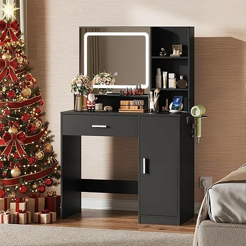 WLIVE Vanity Desk with Mirror and Lights, Makeup Table with Drawer, Cabinet and Open Shelves, Bedroom Dressing Table with Charging Station, Black
