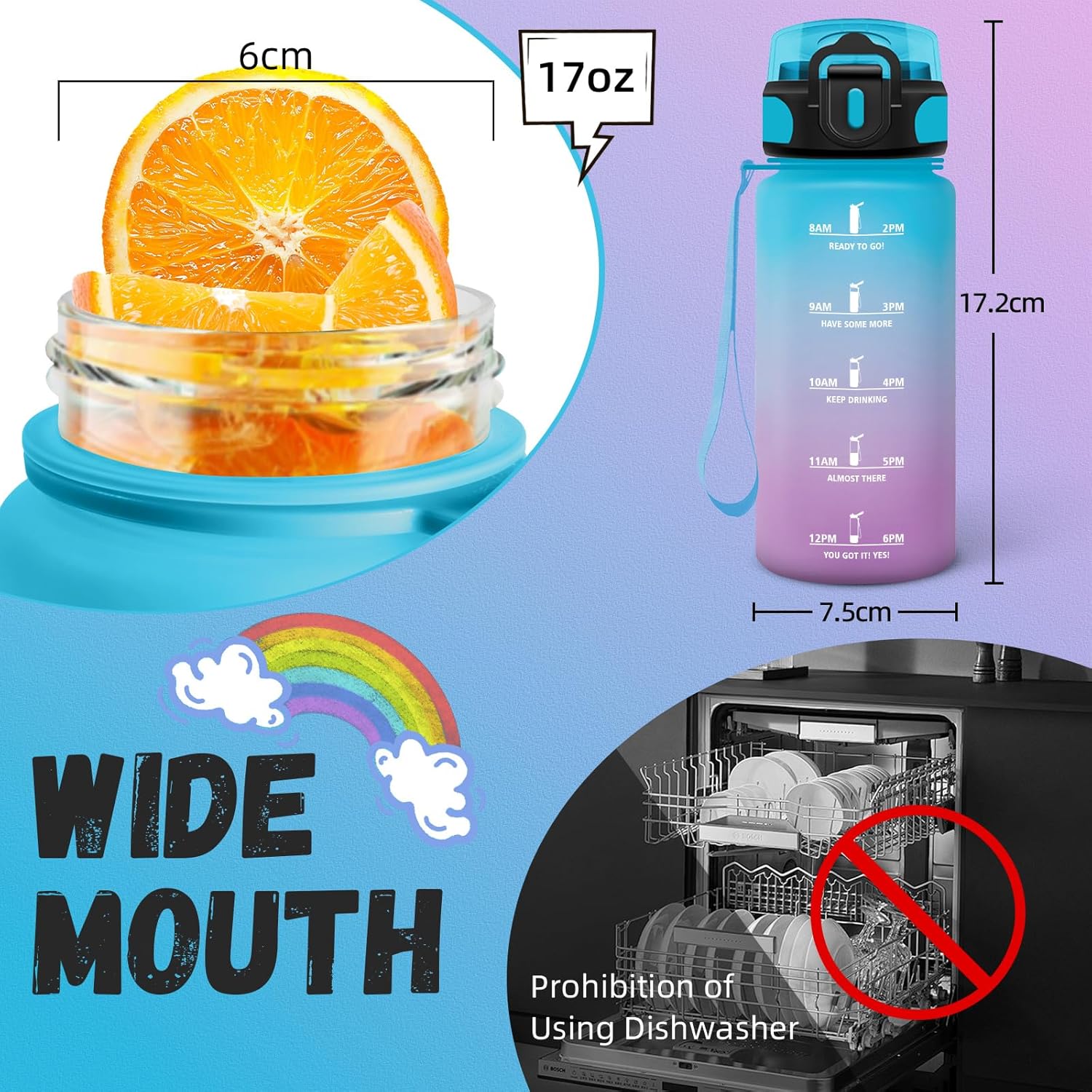 Children's Water Bottle, 500 ml Drinking Bottle, Water Bottle with Straw, Easy to Clean, Water Bottle with Time Marking, Leak-Proof, Water Bottle for School, Travel, Camping, Running, Blue/Purple