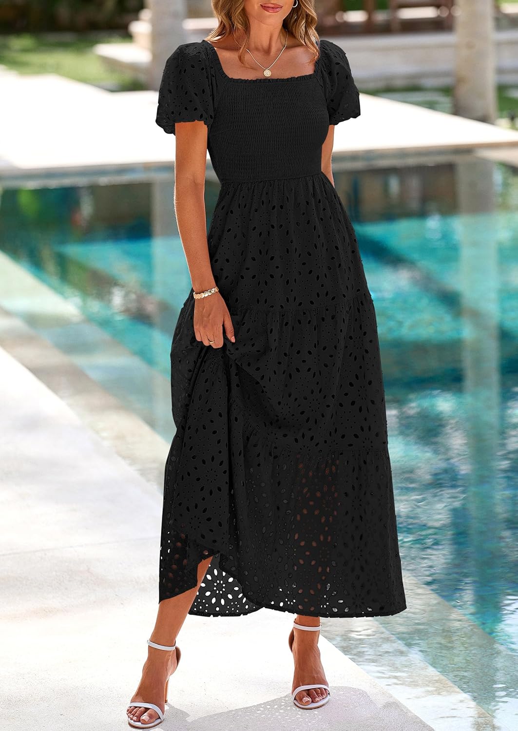 PRETTYGARDEN Summer Dresses for Women 2026 Eyelet Square Neck Puff Sleeve Smocked Wedding Guest Maxi Dress with Pockets - Image 7