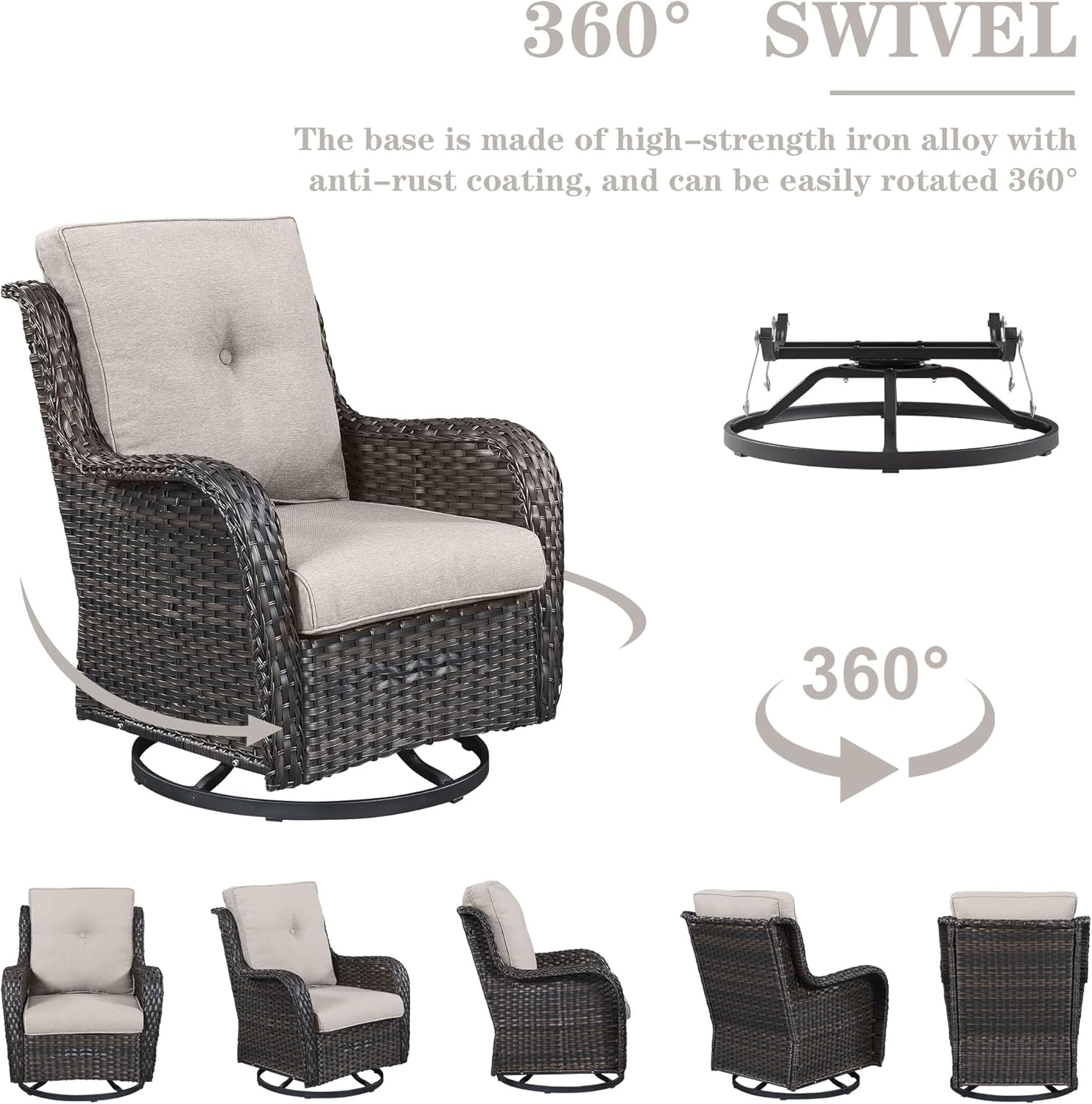 Wicker Outdoor Furniture Patio Furniture Set - 6 Piece Patio Conversation Set with Swivel Rocker Chairs, Rattan Sofa, Ottomans and Coffee Table, Beige Cushion 6 PCS - Sofa Brown Wicker / Beige Cushion
