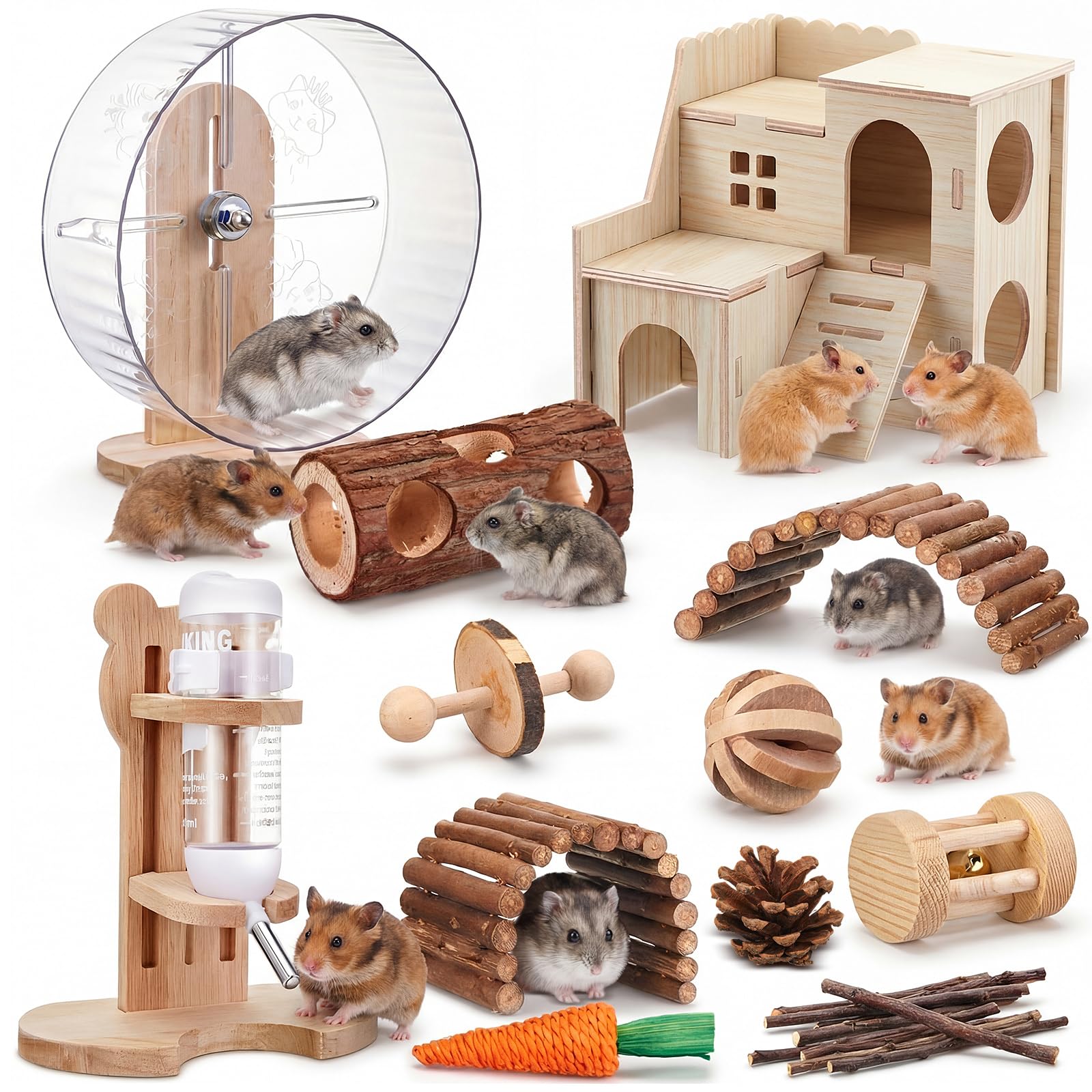 Sonwyoung 18 Pcs Hamster Cage Accessories, Silent Hamster Wheel, Chew Toys Set, Maze Wood House and Water Bottle Set for Rat Mice Small Animals Habitat (Natural Log Style)