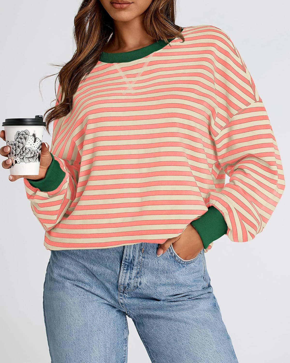 BTFBM Sweatshirt For Women 2026 Summer Crewneck Long Sleeve Oversized Striped Pullover Tops Y2K Clothes Workout Shirt