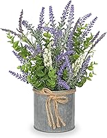 Vista 7 de Flores artificiales de lavanda con jarrón de metal rústico de 17 pulgadas, arreglo de plantas de lavanda sintética en maceta galvanizada, decoración