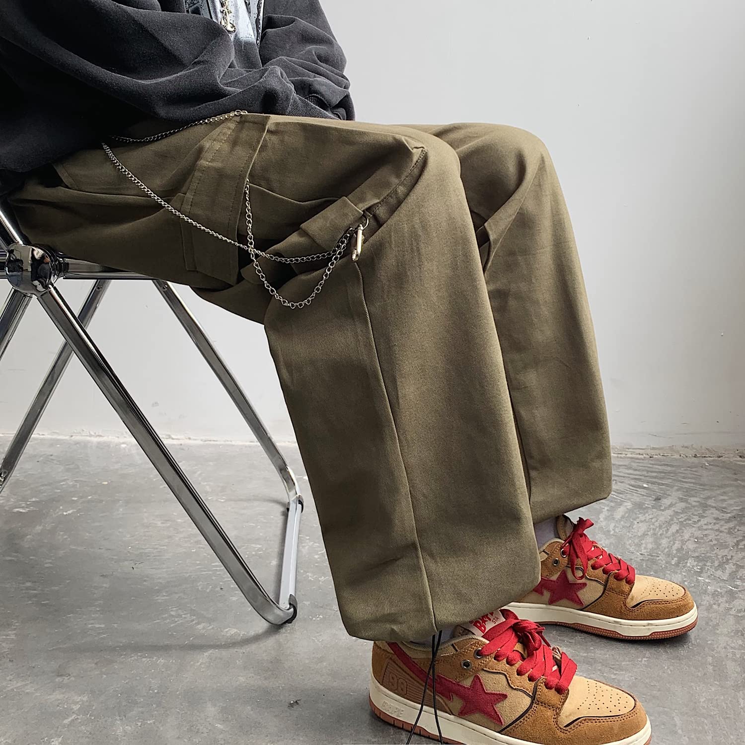 Men's Cargo Pants with Chain Goth Relax Fit Sport Joggers Cotton Cargo Sweatpants Trousers Long Pants (Green,S)