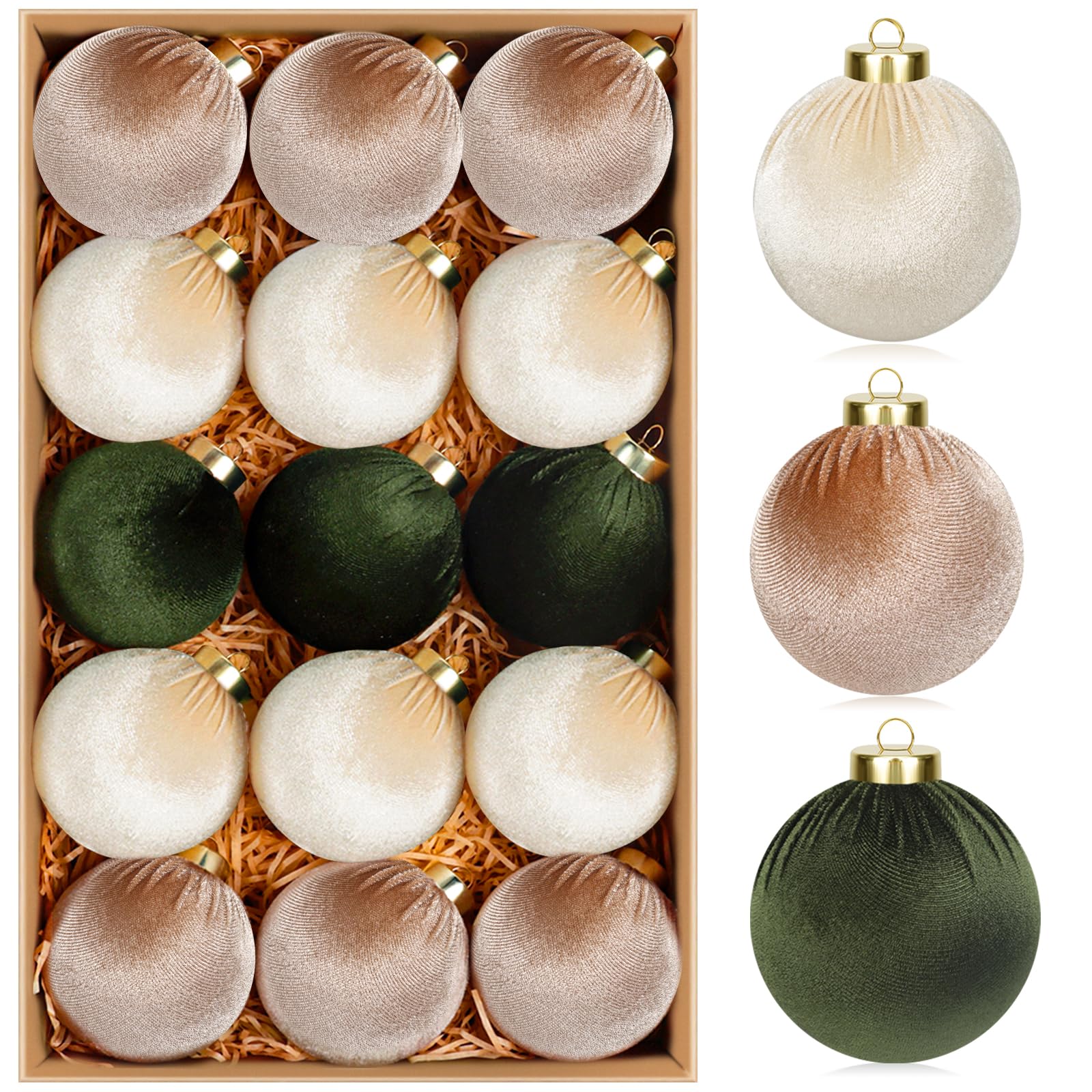 15 pcs velvet christmas ornaments ball, 3.15" christmas tree decorations set, shatterproof hanging xmas ornaments for christmas tree - green brown neutral