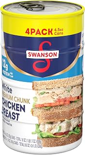 Swanson Premium White Chunk Chicken Breast with Rib Meat in Water, 4.5oz Cans (Pack of 4) - 98% Fat Free, 12g Protein