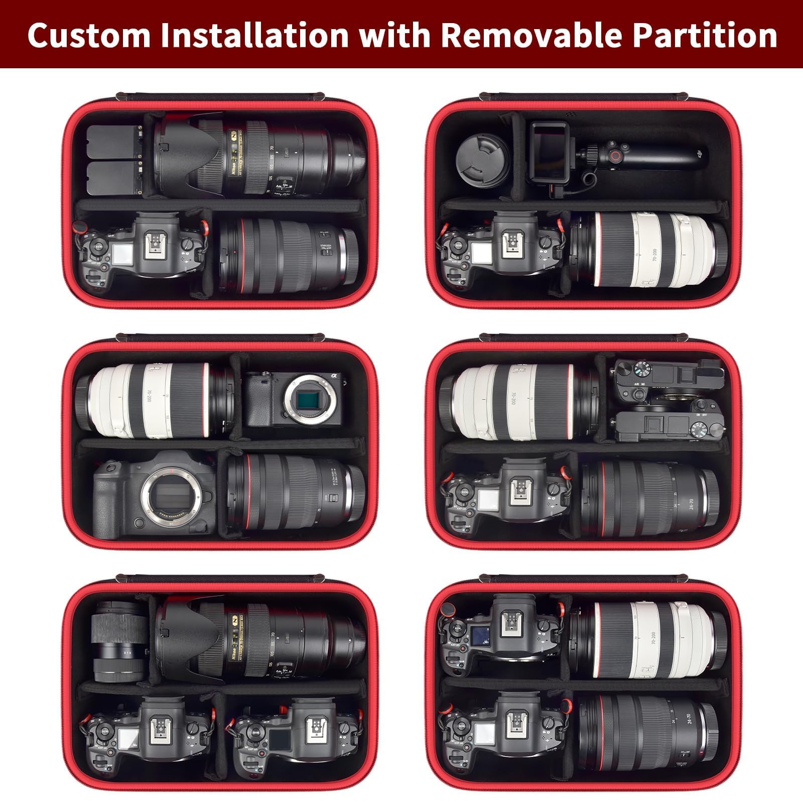 Custodia per fotocamera Canon EOS Rebel T7/R50/R6 Mark II/R100, per Sony Alpha 7 IV/ ZV-E10/ A6400/ A6700/A6100, per Nikon D7500 DSLR SLR, borsa per obiettivo/batteria/treppiede, con tracolla - solo