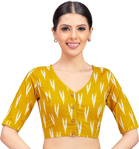 Studio Shringaar Women's Readymade Black Cotton Block Printed Elbow Length Sleeves Saree Blouse