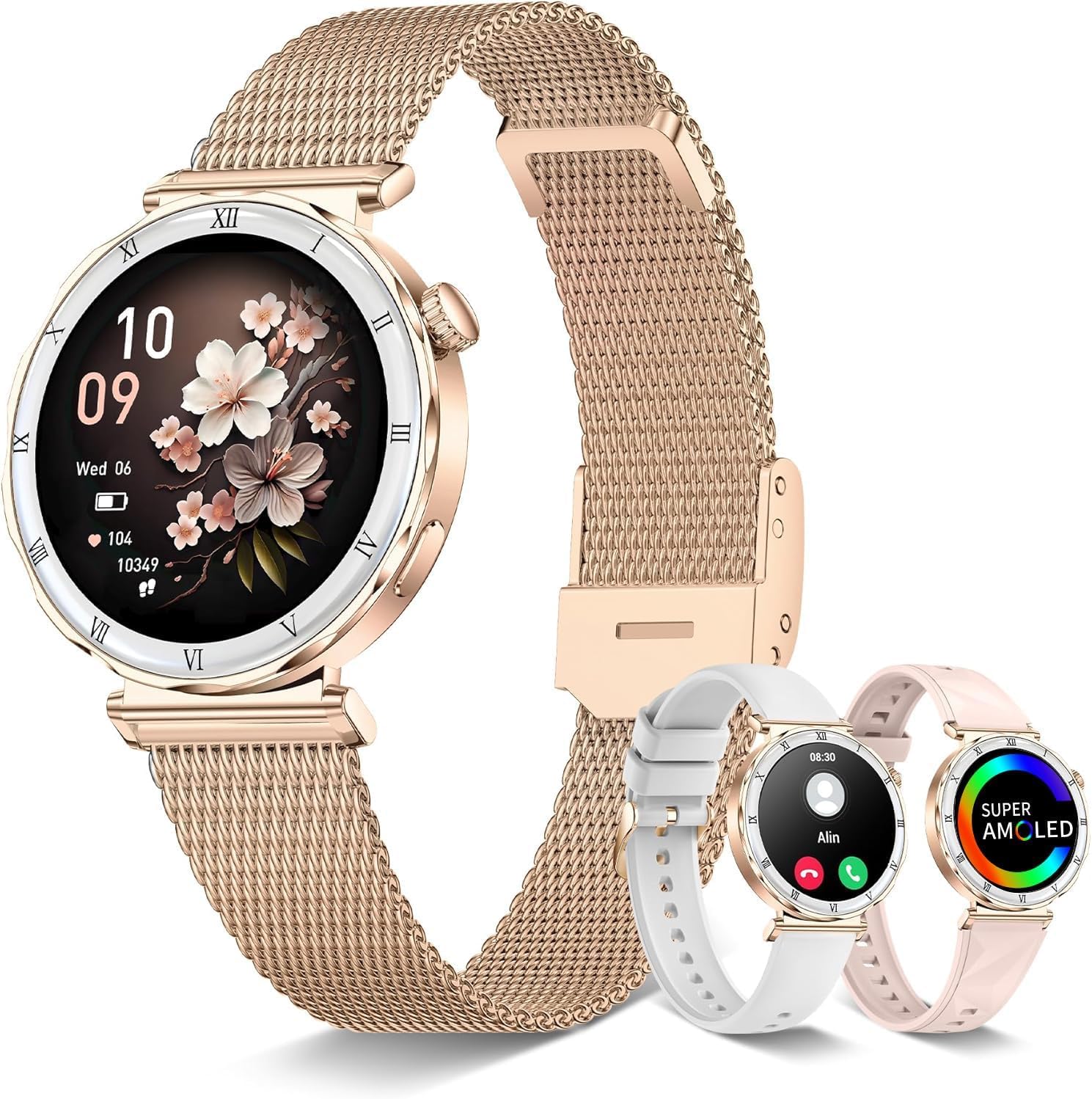 Smartwatch Donna 1,19" AMOLED Orologio con Chiamate Bluetooth, Smart Watch Rotondo con Monitoraggio Sonno/SpO2/FC,120+ Modalità Sportive, Pedometer, IP68 Android/iOS, 3 Cinturini (Oro rosa)