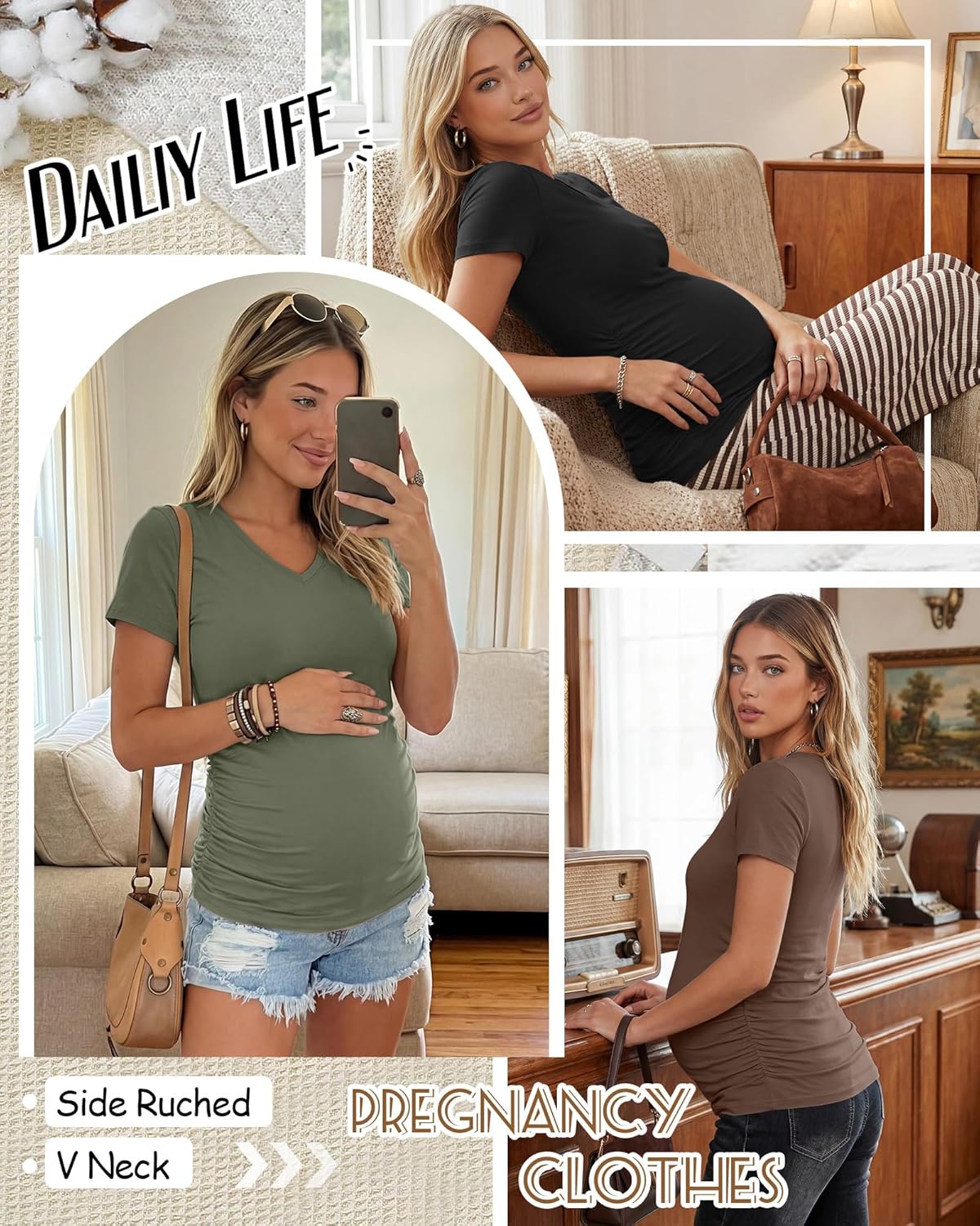 Huukeay 4 Pack Women's Maternity Shirts, V Neck Maternity Top Short Sleeve Casual Tee Side Ruched Pregnancy Clothes