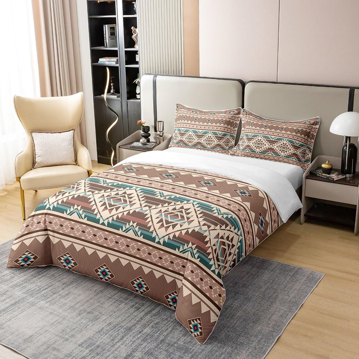Homewish Western 100 Percent Cotton Duvet Cover Double,Aztec Bedding Set,Exotic Bohemian Native Indian Tribal Comforter Cover,Vintage Geometric Triangle Boho Bed Sets with 2 Pillowcases,Beige Brown - Image 3