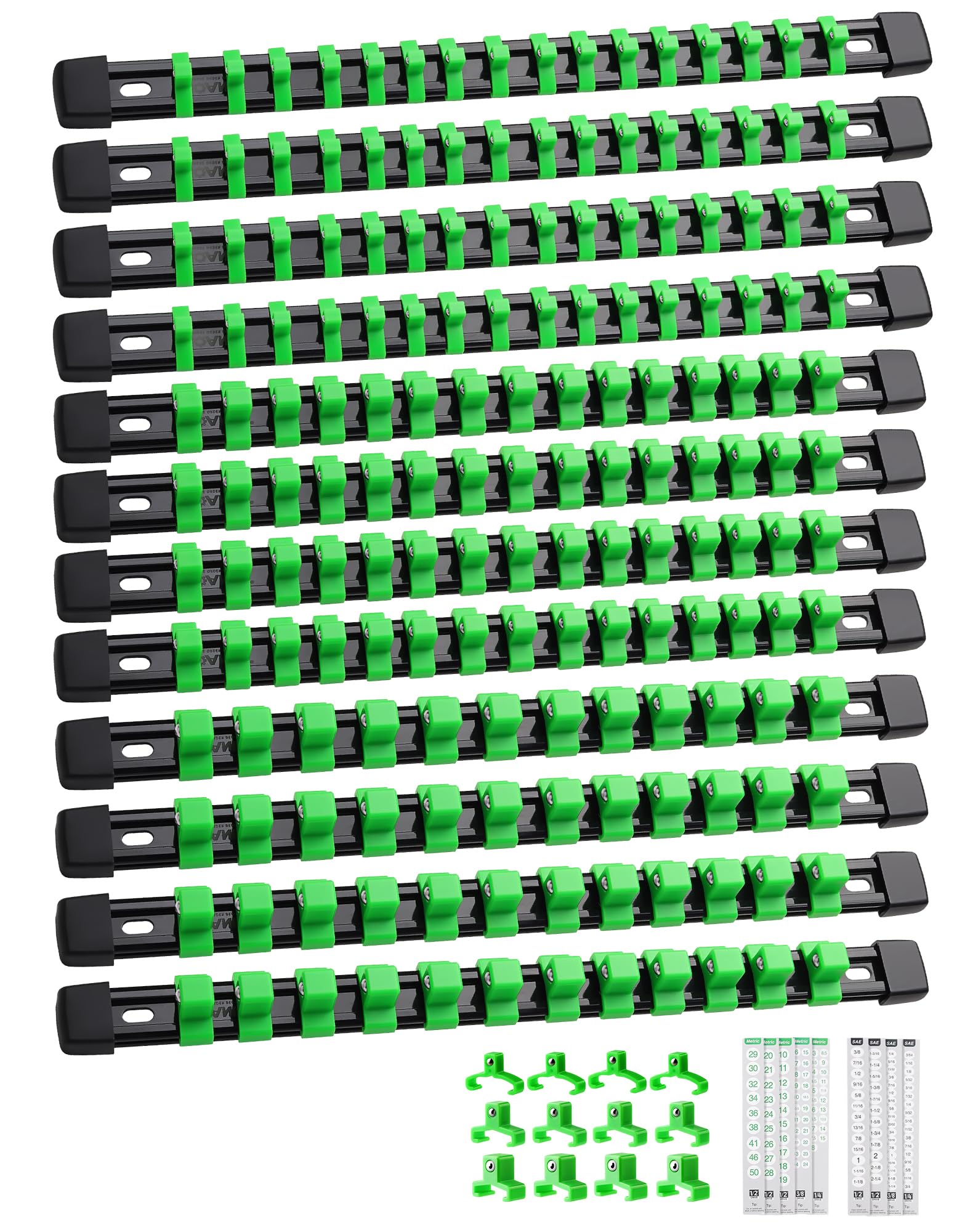 ALOANES 12 PC ABS Socket Organizer,1/2 inch, 3/8 inch, and 1/4 inch Drive Socket Rail Holders, Heavy Duty Socket Racks, Black Rails with Green Clips — image 1