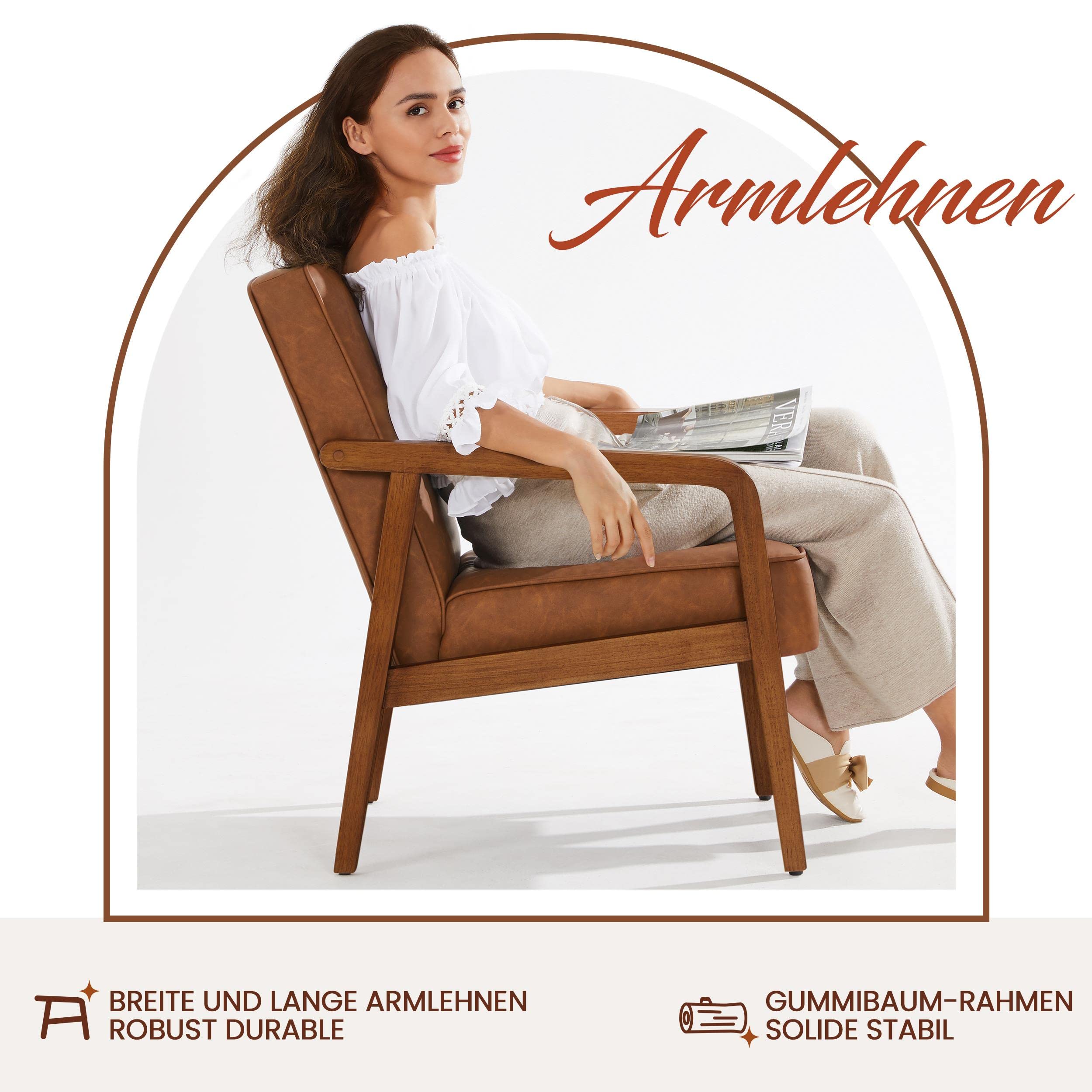 Yaheetech Loungesessel Sessel Vintage Relaxsessel Kunstleder mit Massivholzbeinen Einzelsofa für Wohnzimmer/Schlafzimmer/Empfangsbereich Hellbraun