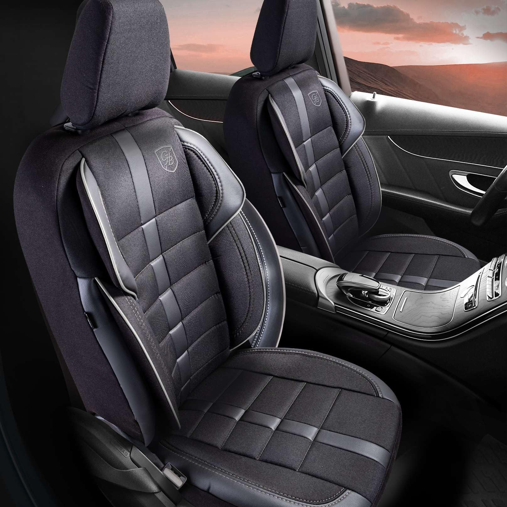Coprisedili universali per auto – Premium accessori interni per auto e SUV – jacquard coprisedile auto, compatibile con airbag, nero e grigio, set di montaggio incluso