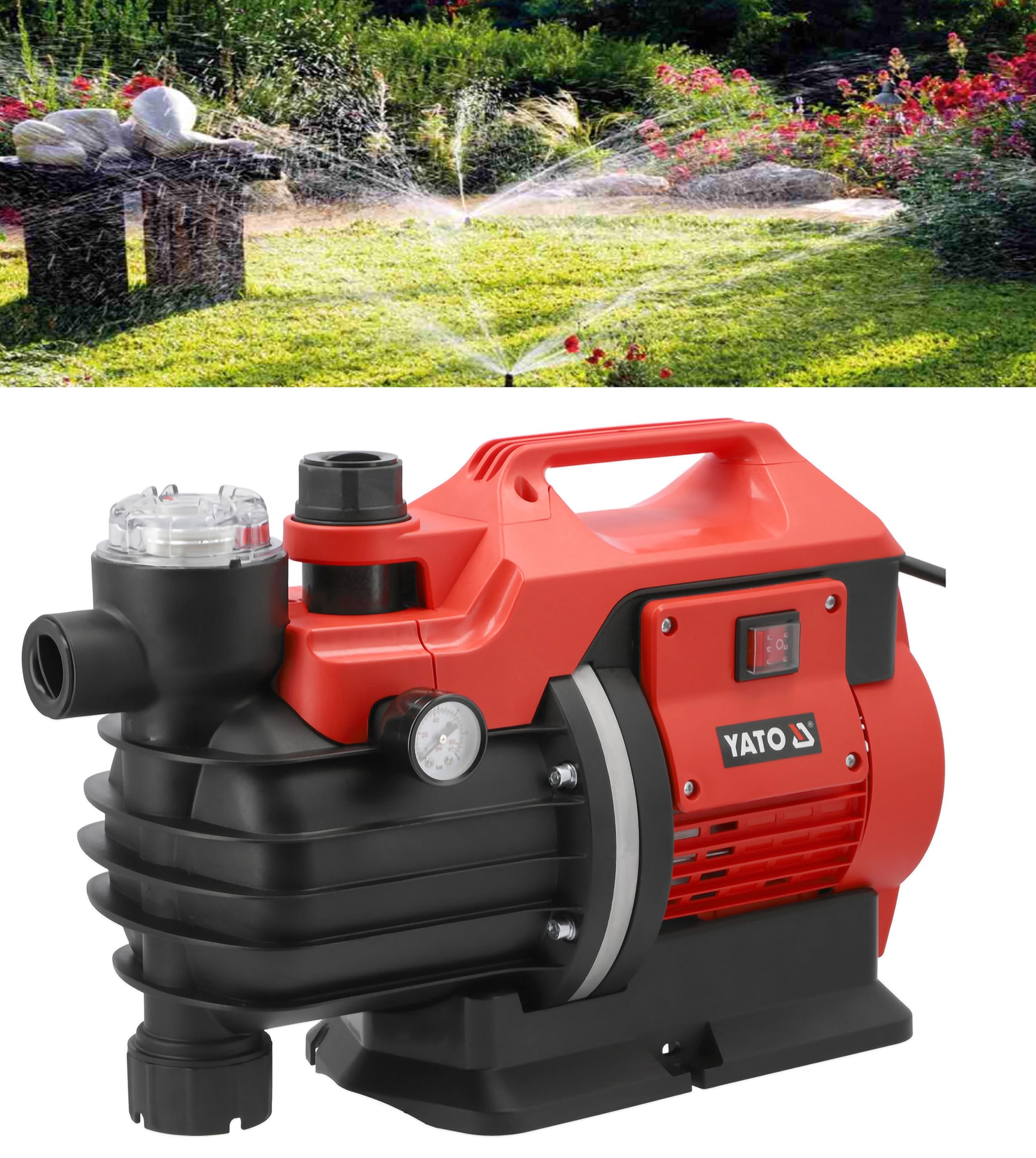 YATO Gartenpumpe Wasserpumpe 5000l/h – Druckpumpe mit Manometer & Vorfilter – 5,3 bar, 53m Förderhöhe – IPX4 – für Garten, Brunnen, Regenwassertank, Camping