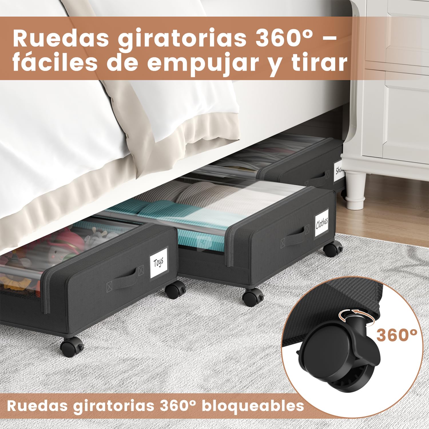 PHINOX Contenedores de almacenamiento debajo de la cama con ruedas, organizador de zapatos debajo de la cama con asas reforzadas con ventana transparente, cajón de almacenamiento grande debajo de la