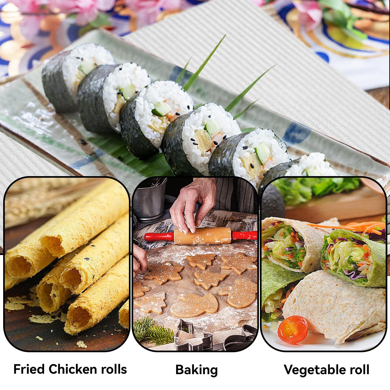 Tappetini Per Sushi In Bambù - Set 3 Pezzi 24x24 Cm | Lavabili E Riutilizzabili Per Casa E Ristorante - Foto 2