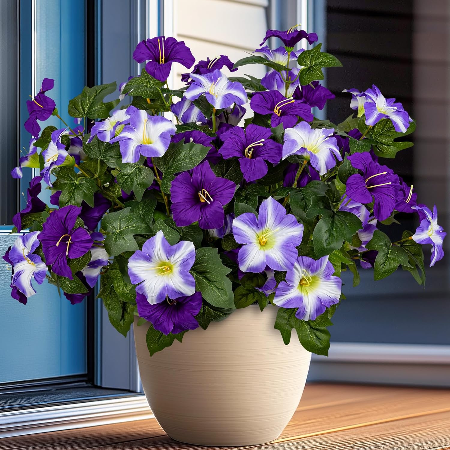 19 Inch Artificial Fake Flowers for Outdoor,4 Pcs Purple Faux Silk Petunias Spring Flowers for Outside for Indoor Porch Planter Front Door Garden Patio Window Box Home Decor