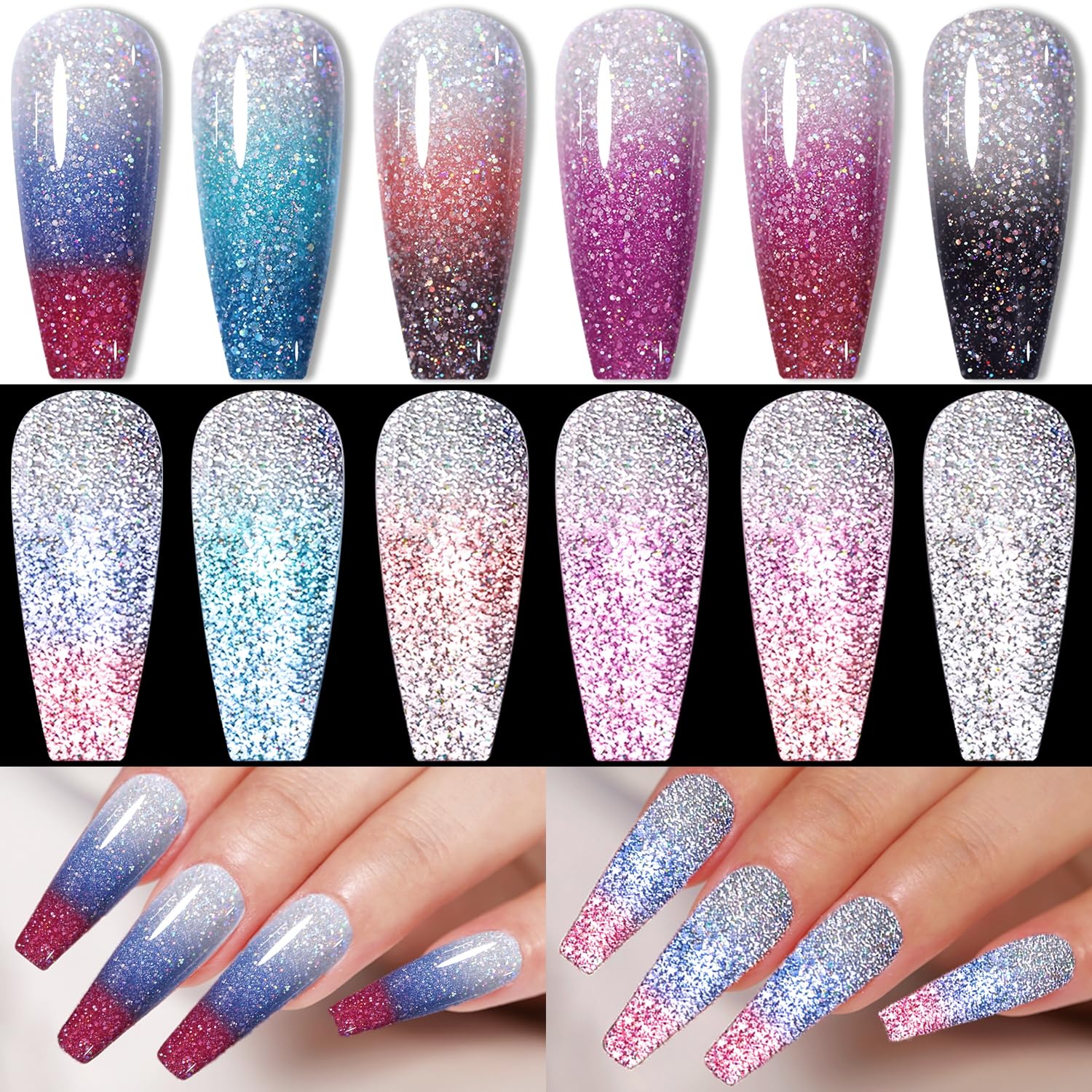 COSMOOReflective Gel Nail Polish Reflective Temperature Color Changing Gel Mood Gel Nail Polish Diamond Gel Nail Polish Glitter Gel Polish Reflective Sliver Purple Red Color Changing Nail Polish (Reflective Color Changing Set-6PCS)