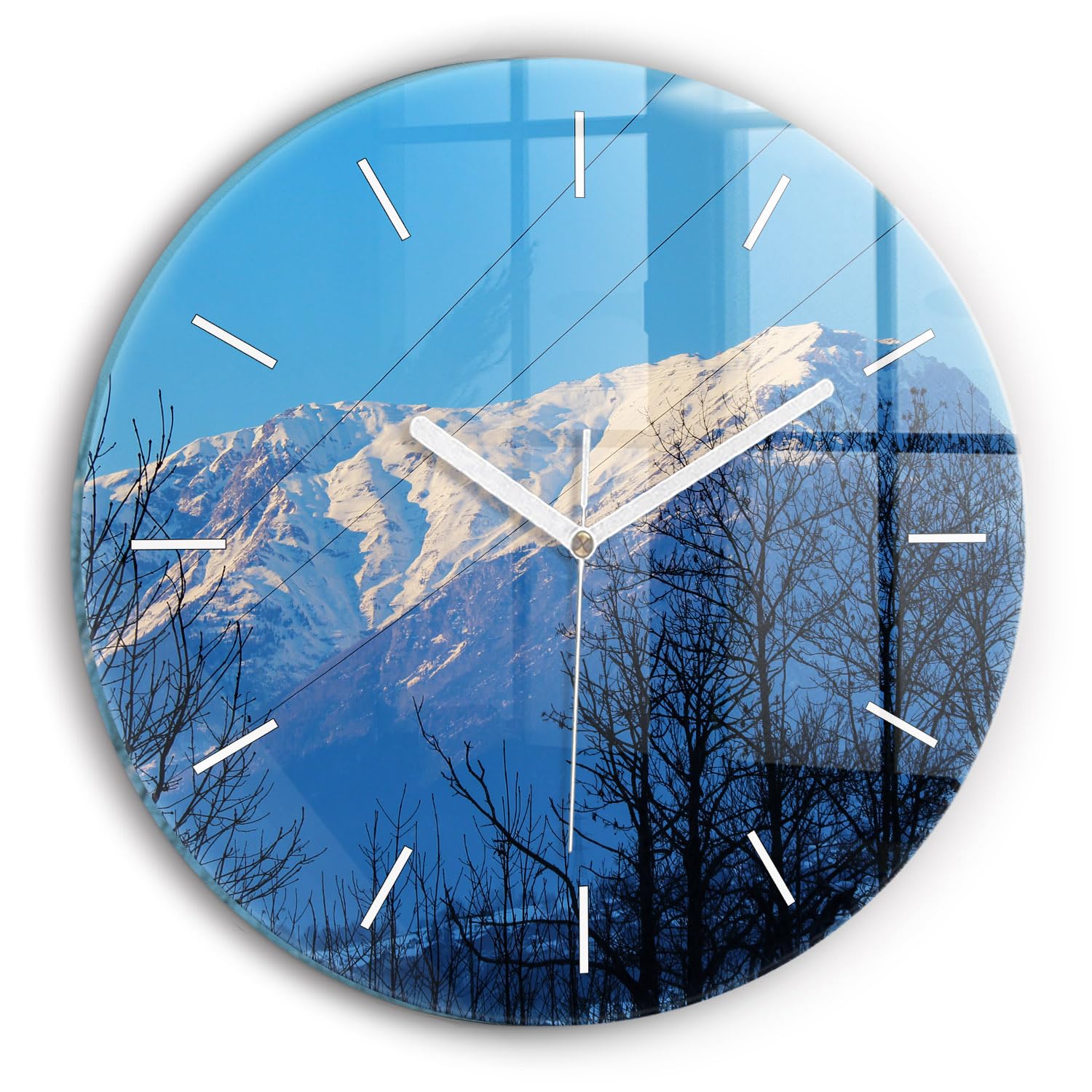 Horloge en verre 30 cm Wallfluent moderne avec vue des montagnes