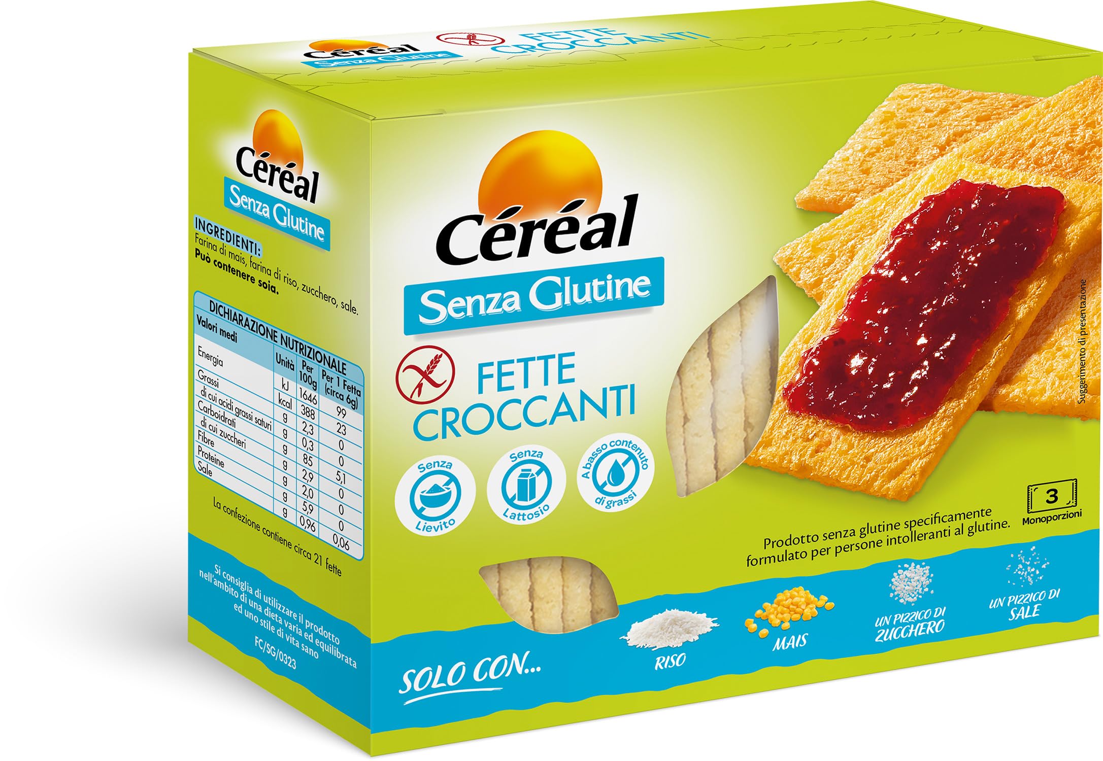 Céréal Fette Croccanti, Fette con Farina di Mais, Farina di Riso, Senza Glutine, Senza Lattosio, 125 gr, Formato 12 Confezioni