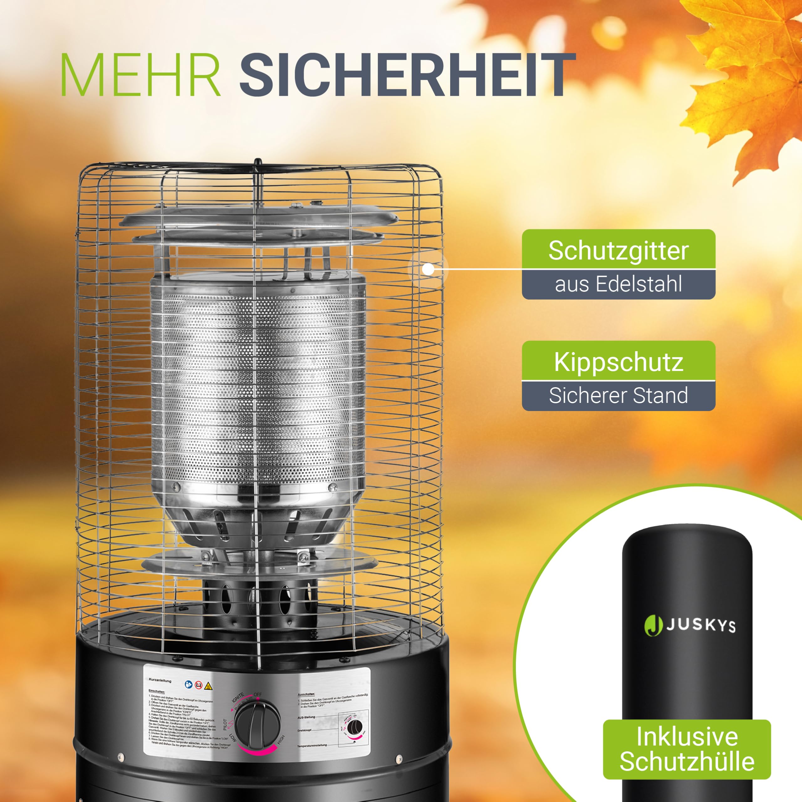 Juskys® Outdoor Heizstrahler Cuna mit 11 kW Gas-Brenner - Heizpilz Terrassenheizer mit Gas für Terrasse Balkon und Garten - für 5 und 11 kg Gasflaschen