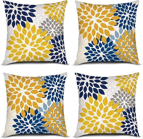 PICKFORU Juego de 4 fundas de almohada amarillas y azules, 18 x 18 pulgadas, patrón geométrico de dalia de flores, fundas de almohada modernas para