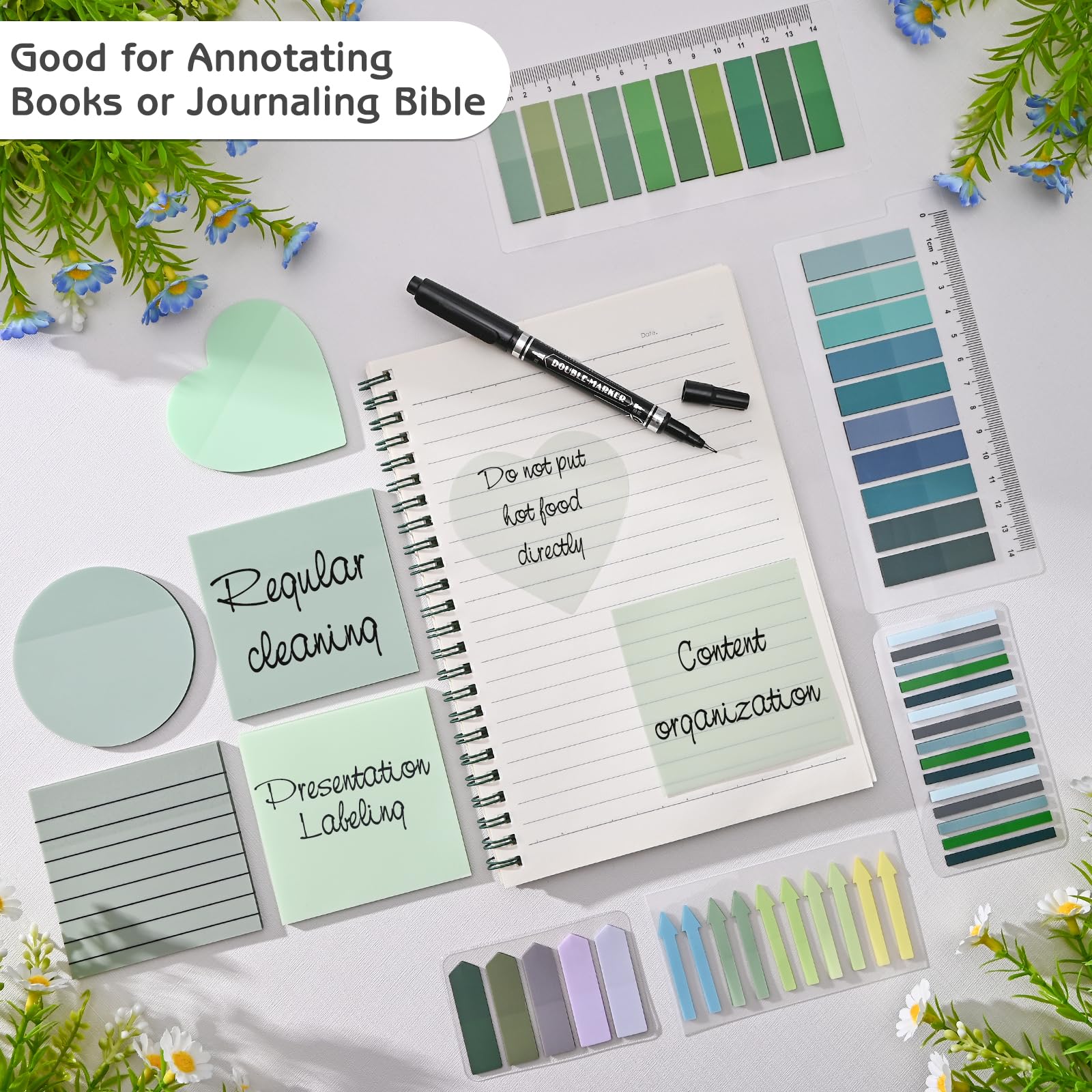 Transparente Haftnotizen, 7,6 x 7,6 cm, ästhetische, klare linierte Haftnotizen mit Stift, Farbverlauf, wasserdicht, selbstklebende Anmerkungsreiter für Bibeljournaling (grün)