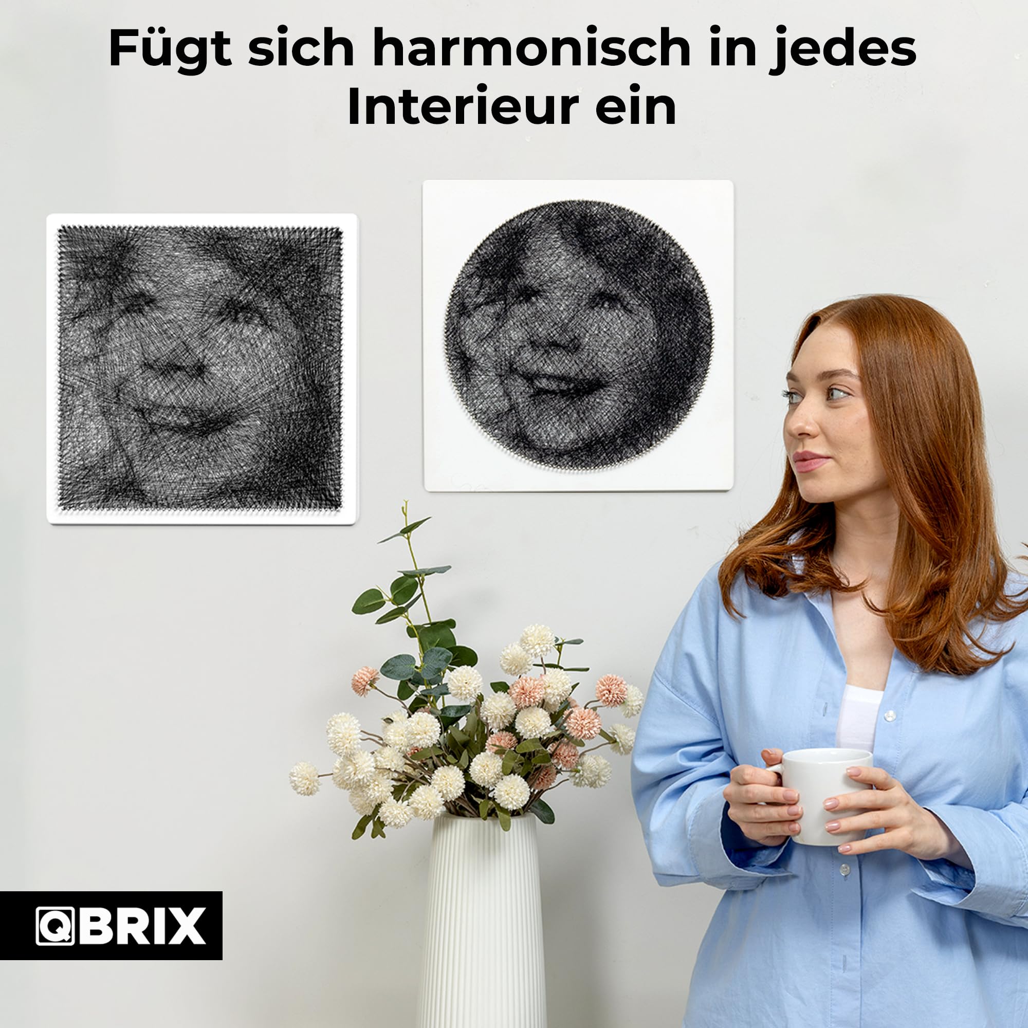 QBRIX Mini – String Art Fadenbild DIY | personalisiertes Geschenk | eigenes Foto als Garnbild | Wunschmotiv | Wandbild (Quadrat- oder Rundform 37×37 cm)