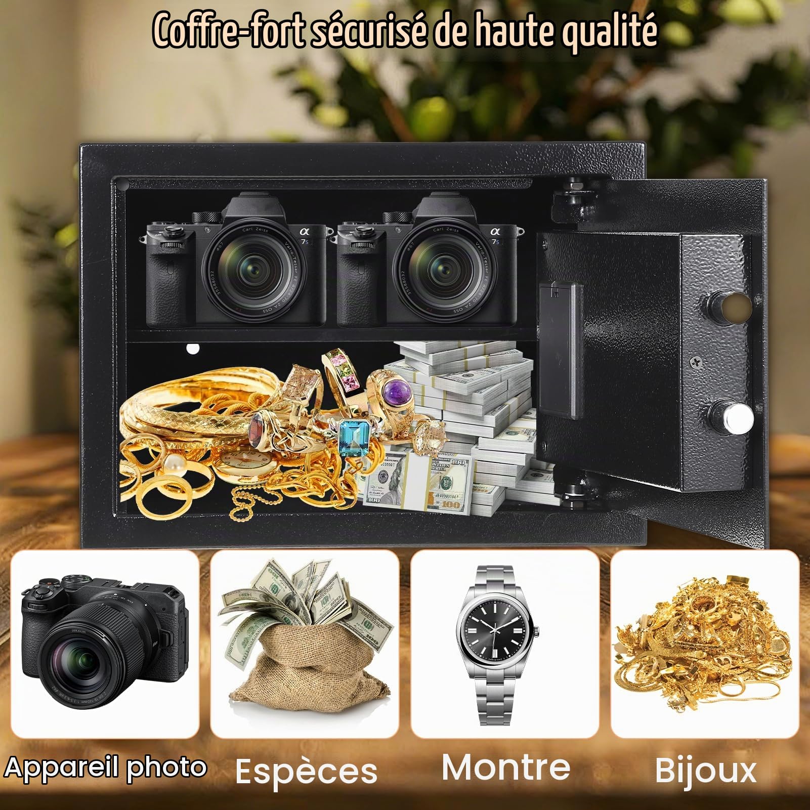 Garvee Coffre-fort numérique acier laminé à froid 16L – Anti-effraction – Sac ignifuge/étanche – Etagère amovible – Serrure clé secours – Montage fresque/sol – Pour maison, bureau, hôtel, dortoir