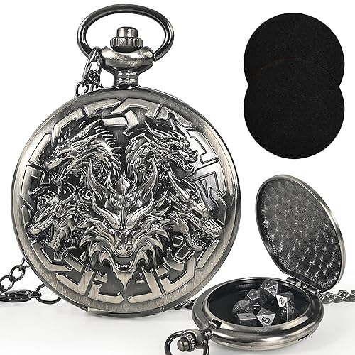 Kabinka DND Dice Set, 7pcs Mini Metal Dice with Pocket Watch Shell, Portable D&D with Necklace, Dungeons and Dragons Dice for RPG(Five-Headed Dragon, Ancient Silver) - Ancient Silver - Five-Headed Dragon