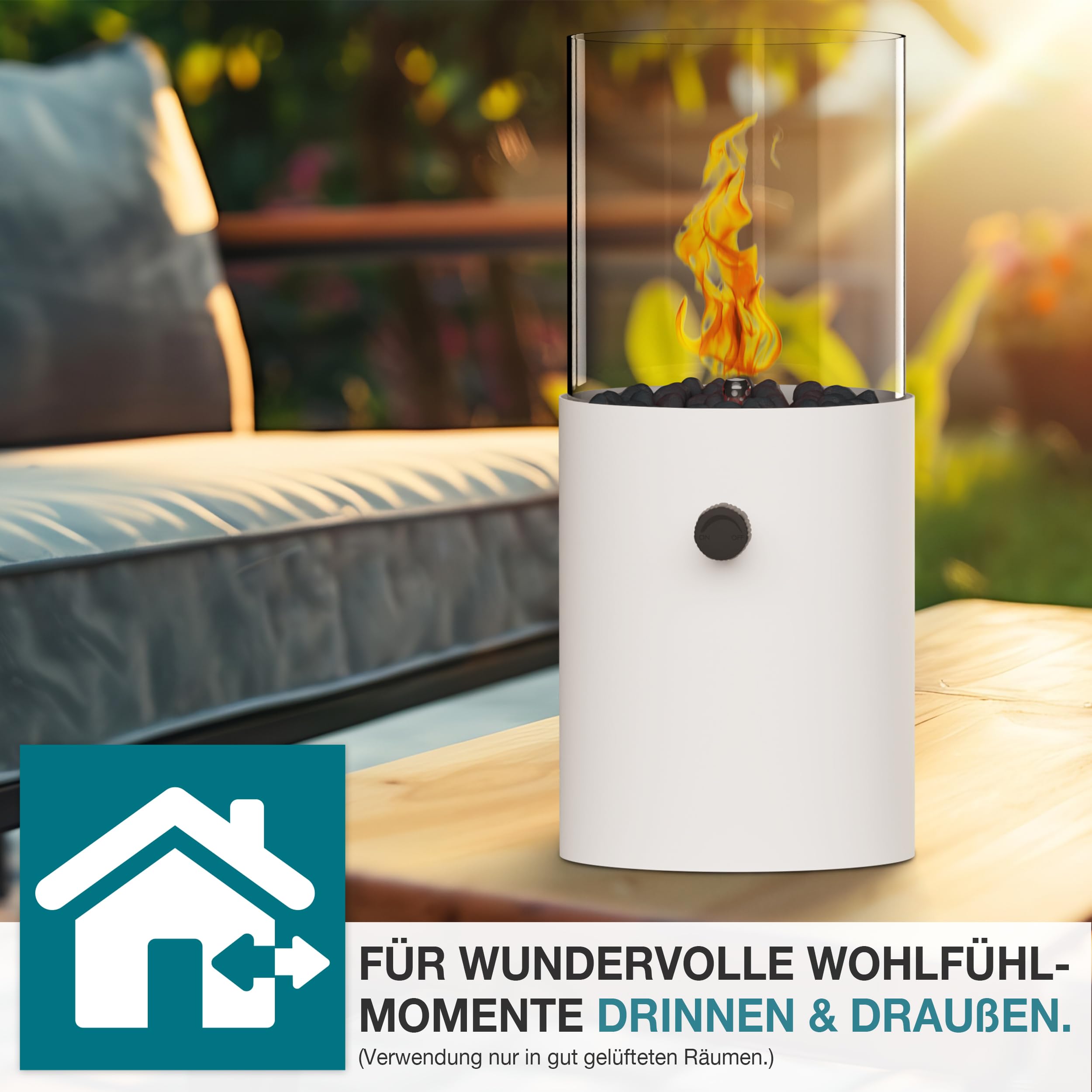 TOM Innovation XXL Gas Tischkamin - 12 Stunden Brenndauer für Indoor & Outdoor – Tisch Kamin Set– Tischfeuer mit Deko-Steinen – Plus 3X 190 g Stechgaskartusche